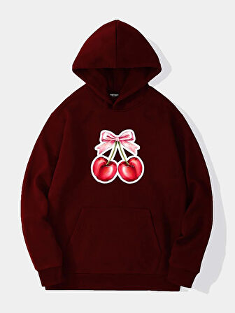 Unisex Ribbon Cherry Baskılı Kapüşonlu İçi Yumuşak Polarlı Oversize Sweatshirt - BORDO
