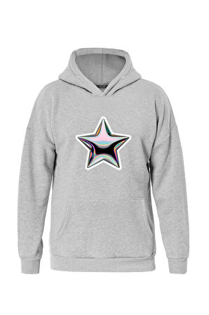 Unisex Shining Metallic Star Baskılı Kapüşonlu İçi Yumuşak Polarlı Oversize Sweatshirt - GRİ