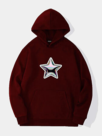 Unisex Shining Metallic Star Baskılı Kapüşonlu İçi Yumuşak Polarlı Oversize Sweatshirt - BORDO