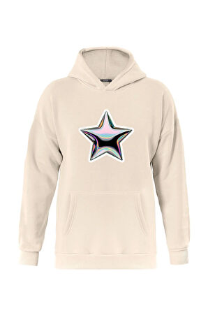Unisex Shining Metallic Star Baskılı Kapüşonlu İçi Yumuşak Polarlı Oversize Sweatshirt - BEJ