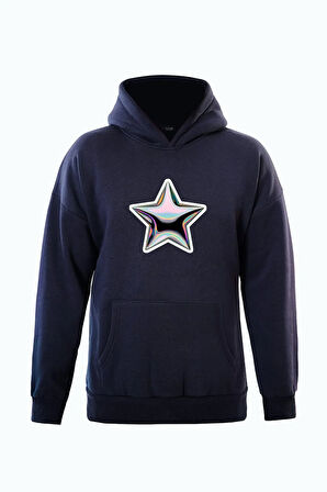 Unisex Shining Metallic Star Baskılı Kapüşonlu İçi Yumuşak Polarlı Oversize Sweatshirt - LACİVERT