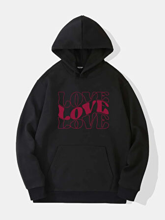 Unisex Theree Love Baskılı Kapüşonlu İçi Yumuşak Polarlı Oversize Sweatshirt - SİYAH