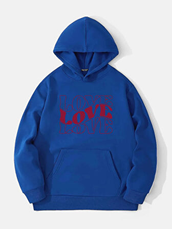 Unisex Theree Love Baskılı Kapüşonlu İçi Yumuşak Polarlı Oversize Sweatshirt - SAKS MAVİSİ