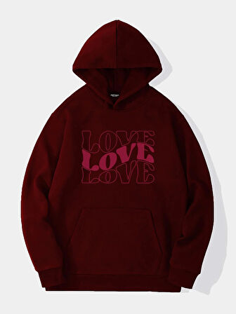 Unisex Theree Love Baskılı Kapüşonlu İçi Yumuşak Polarlı Oversize Sweatshirt - BORDO