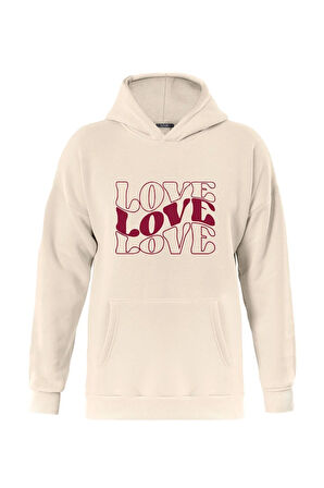Unisex Theree Love Baskılı Kapüşonlu İçi Yumuşak Polarlı Oversize Sweatshirt - BEJ