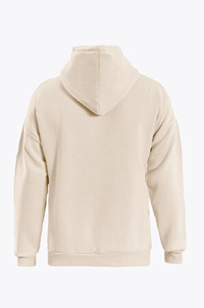 Unisex Theree Love Baskılı Kapüşonlu İçi Yumuşak Polarlı Oversize Sweatshirt - BEJ