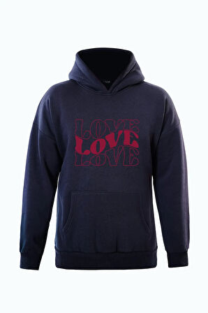 Unisex Theree Love Baskılı Kapüşonlu İçi Yumuşak Polarlı Oversize Sweatshirt - LACİVERT