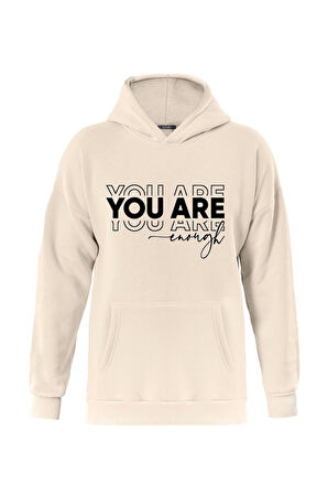 Unisex You Are Baskılı Kapüşonlu İçi Yumuşak Polarlı Oversize Sweatshirt - BEJ