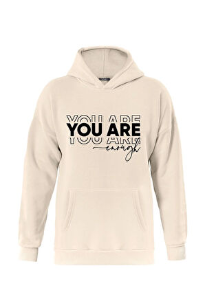 Unisex You Are Baskılı Kapüşonlu İçi Yumuşak Polarlı Oversize Sweatshirt - BEJ