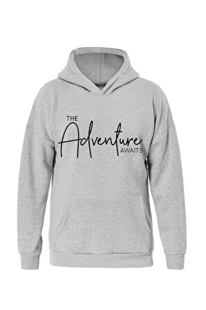 Unisex Adventure Baskılı Kapüşonlu İçi Yumuşak Polarlı Oversize Sweatshirt - GRİ