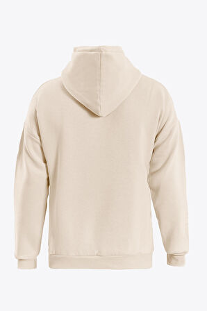 Unisex Adventure Baskılı Kapüşonlu İçi Yumuşak Polarlı Oversize Sweatshirt - BEJ
