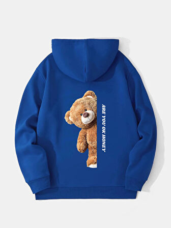 Unisex Are You Ok Honey Baskılı Kapüşonlu İçi Yumuşak Polarlı Oversize Sweatshirt - SAKS MAVİSİ