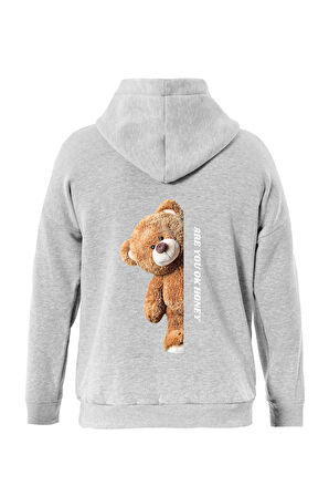 Unisex Are You Ok Honey Baskılı Kapüşonlu İçi Yumuşak Polarlı Oversize Sweatshirt - GRİ