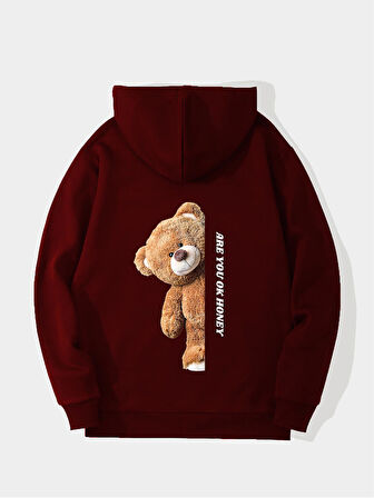 Unisex Are You Ok Honey Baskılı Kapüşonlu İçi Yumuşak Polarlı Oversize Sweatshirt - BORDO