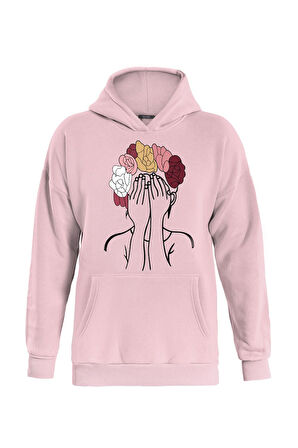 Unisex Colorful Hair Baskılı Kapüşonlu İçi Yumuşak Polarlı Oversize Sweatshirt - PEMBE