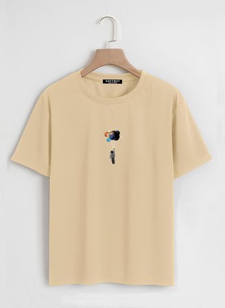 Unisex Oversize Bisiklet Yaka Balloon Astronaut Baskılı Basic T-Shirt - BEJ