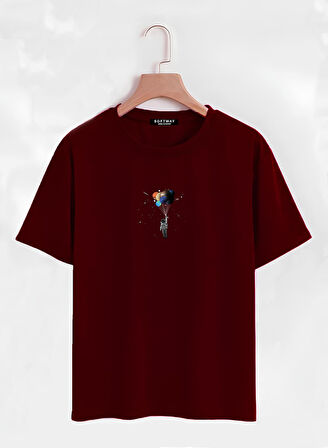 Unisex Oversize Bisiklet Yaka Balloon Astronaut Baskılı Basic T-Shirt - BORDO