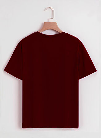 Unisex Oversize Bisiklet Yaka Balloon Astronaut Baskılı Basic T-Shirt - BORDO