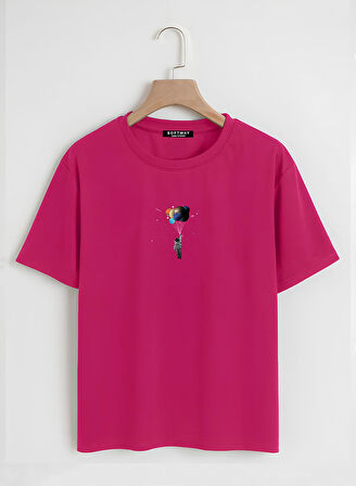 Unisex Oversize Bisiklet Yaka Balloon Astronaut Baskılı Basic T-Shirt - FUŞYA