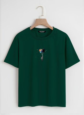 Unisex Oversize Bisiklet Yaka Balloon Astronaut Baskılı Basic T-Shirt - KOYU YEŞİL