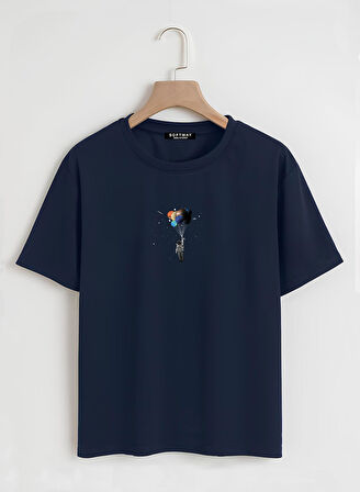 Unisex Oversize Bisiklet Yaka Balloon Astronaut Baskılı Basic T-Shirt - LACİVERT