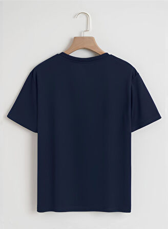 Unisex Oversize Bisiklet Yaka Balloon Astronaut Baskılı Basic T-Shirt - LACİVERT