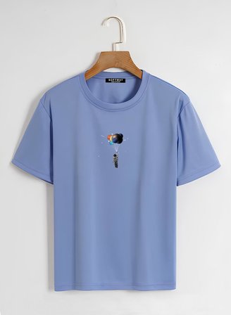 Unisex Oversize Bisiklet Yaka Balloon Astronaut Baskılı Basic T-Shirt - MAVİ