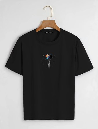 Unisex Oversize Bisiklet Yaka Balloon Astronaut Baskılı Basic T-Shirt - SİYAH