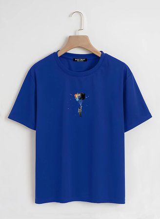 Unisex Oversize Bisiklet Yaka Balloon Astronaut Baskılı Basic T-Shirt - SAKS MAVİSİ