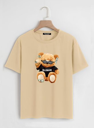 Unisex Oversize Bisiklet Yaka Billionaire Baskılı Basic T-Shirt - BEJ