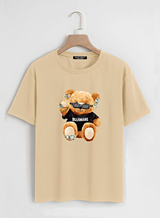 Unisex Oversize Bisiklet Yaka Billionaire Baskılı Basic T-Shirt - BEJ
