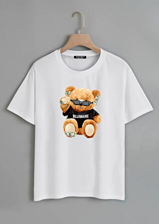 Unisex Oversize Bisiklet Yaka Billionaire Baskılı Basic T-Shirt - BEYAZ