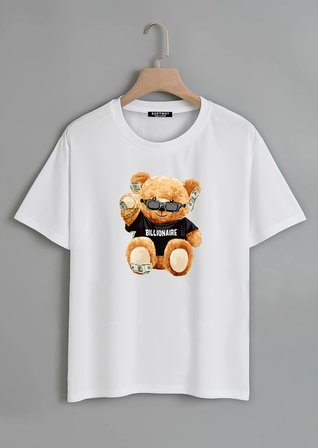 Unisex Oversize Bisiklet Yaka Billionaire Baskılı Basic T-Shirt - BEYAZ