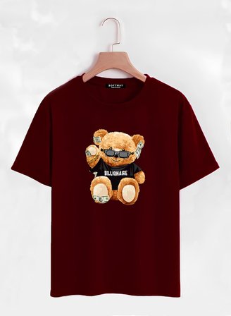Unisex Oversize Bisiklet Yaka Billionaire Baskılı Basic T-Shirt - BORDO