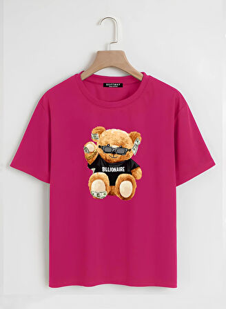 Unisex Oversize Bisiklet Yaka Billionaire Baskılı Basic T-Shirt - FUŞYA