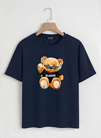 Unisex Oversize Bisiklet Yaka Billionaire Baskılı Basic T-Shirt - LACİVERT