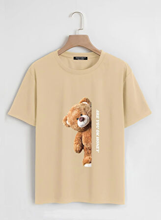Unisex Oversize Bisiklet Yaka Are You Ok Honey Baskılı Basic T-Shirt - BEJ