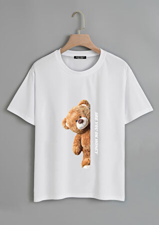 Unisex Oversize Bisiklet Yaka Are You Ok Honey Baskılı Basic T-Shirt - BEYAZ