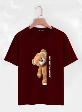 Unisex Oversize Bisiklet Yaka Are You Ok Honey Baskılı Basic T-Shirt - BORDO