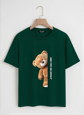 Unisex Oversize Bisiklet Yaka Are You Ok Honey Baskılı Basic T-Shirt - KOYU YEŞİL