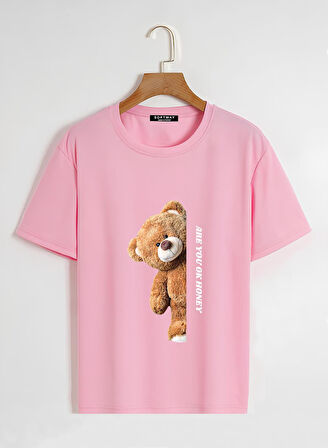 Unisex Oversize Bisiklet Yaka Are You Ok Honey Baskılı Basic T-Shirt - PEMBE