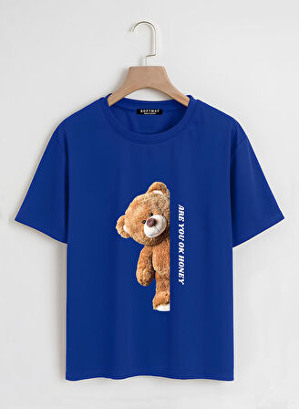 Unisex Oversize Bisiklet Yaka Are You Ok Honey Baskılı Basic T-Shirt - SAKS MAVİSİ