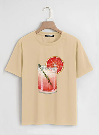 Unisex Oversize Bisiklet Yaka Orange Cocktail Baskılı Basic T-Shirt - BEJ
