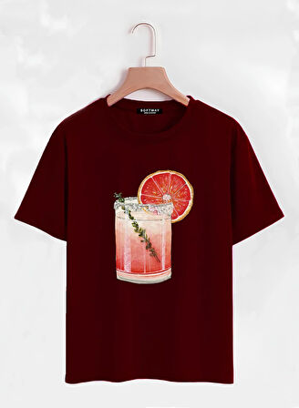 Unisex Oversize Bisiklet Yaka Orange Cocktail Baskılı Basic T-Shirt - BORDO