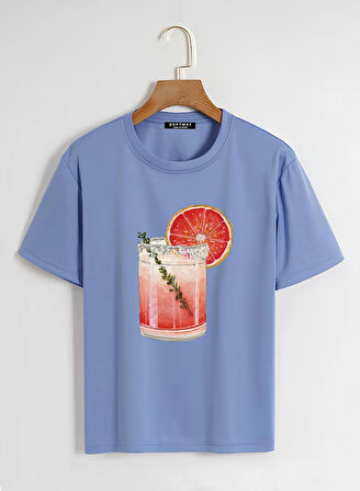 Unisex Oversize Bisiklet Yaka Orange Cocktail Baskılı Basic T-Shirt - MAVİ