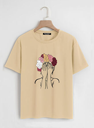 Unisex Oversize Bisiklet Yaka Colorful Hair Baskılı Basic T-Shirt - BEJ