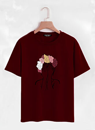 Unisex Oversize Bisiklet Yaka Colorful Hair Baskılı Basic T-Shirt - BORDO