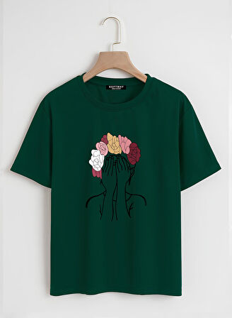 Unisex Oversize Bisiklet Yaka Colorful Hair Baskılı Basic T-Shirt - KOYU YEŞİL