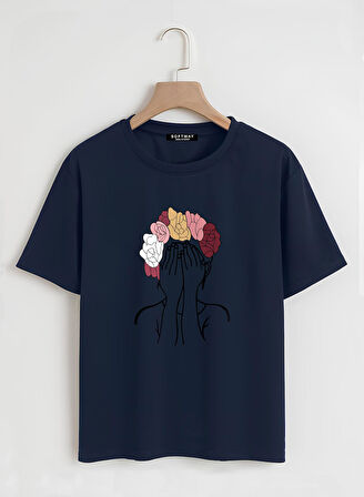 Unisex Oversize Bisiklet Yaka Colorful Hair Baskılı Basic T-Shirt - LACİVERT