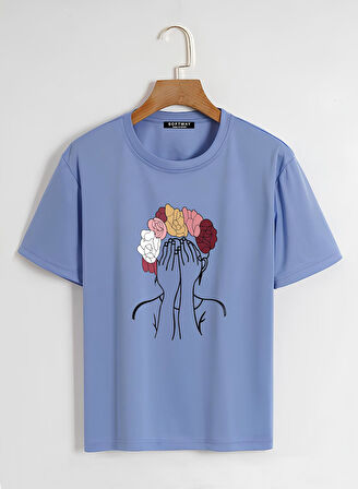 Unisex Oversize Bisiklet Yaka Colorful Hair Baskılı Basic T-Shirt - MAVİ